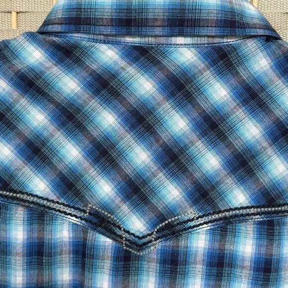 Wrangler Rock 47 Men’s Western Pearl Snap Shirt XXL Blue Plaid Long Sleeve EUC - Picture 4 of 12